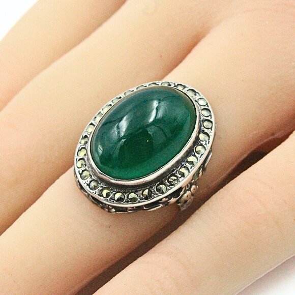 ART NOUVEAU STERLING SILVER CHRYSOPRASE MARCASITE RING - Picture 1 of 12